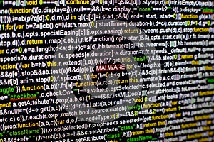 Macro photo of computer screen with program source code and highlighted MALWARE inscription in the middle. Script on the
