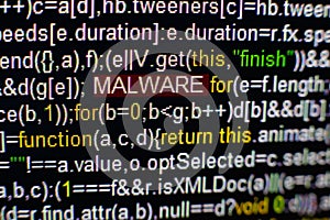 Macro photo of computer screen with program source code and highlighted MALWARE inscription in the middle. Script on the