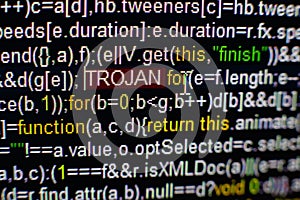 Macro photo of computer screen with program source code and highlighted TROJAN inscription in the middle. Script on the