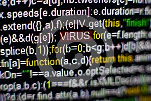 Macro photo of computer screen with program source code and highlighted VIRUS inscription in the middle. Script on the