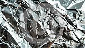 A macro photo of crinkled aluminum foil highlighting the interesting crisscross patterns and metallic shine that can be photo