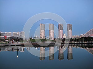 Macro photo with a decorative background of the landscape of the modern urban infrastructure of the capital city of Moscow