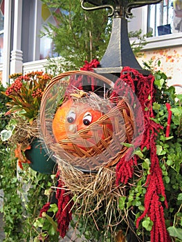 macro photo with decorative decoration on a European city street during the Halloween holiday for design