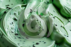 Macro photo of delicious Italian mint chips gelato as background, close up of ice cream scoop. Selective focus