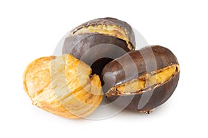 Macro photo of delicious roasted and peeled chestnuts on white background