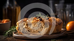 Macro Photo Focaccia Bread On Stone Rustic Pub. Generative AI