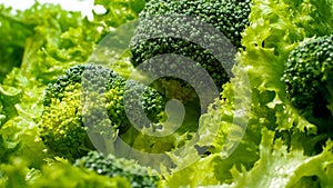 Macro photo of fresh green broccoli and lettuce leaves in salad. Background for healthy food and GMO free products.Diet