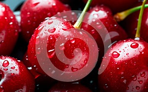 Macro photo of fresh red cherries with water dropplets.