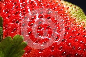 Macro photo of fresh red strawberry seeds. Texture of the red surface of the strawberry berries closeup