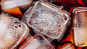 macro photo of a glass with Coca Cola and ice cubes top view