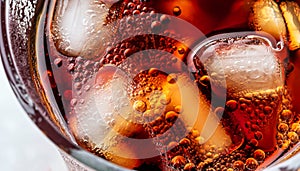 macro photo of a glass with Coca Cola and ice cubes top view
