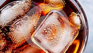 macro photo of a glass with Coca Cola and ice cubes top view