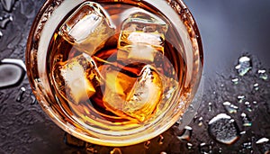 macro photo of glass with whiskey and ice cubes top view