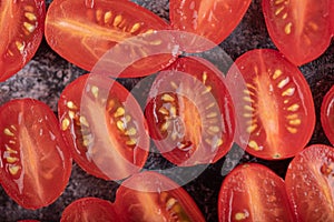 Macro photo of half curt red cherry tomatoes