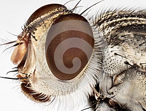 Macro Photo of Head of Housefly Isolated on White Background