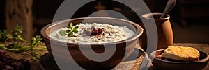 Macro Photo Kasha Porridge On Stone Rustic Pub Ukrainian Dishes