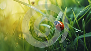 Macro photo of Ladybug in the green grass. Generative Ai