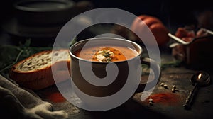 Macro Photo Lobster Bisque On Stone Rustic Pub. Generative AI