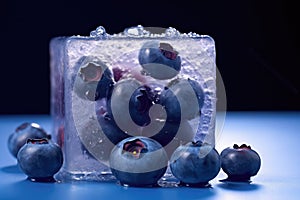Macro Photo One Bilberry In An Ice Cube. Generative AI