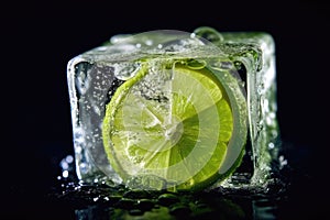 Macro Photo One Lime In An Ice Cube. Generative AI