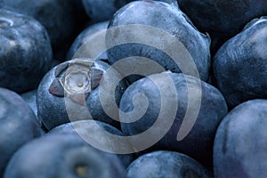 Macro photo of organic and sweet blueberries as a background. Healthful and fresh berries for desserts or smoothies.