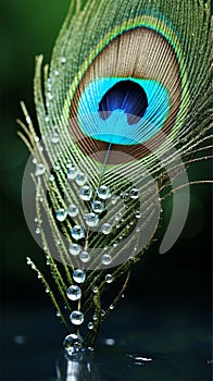 Macro photo of peacock feathers water dropped high detail photography