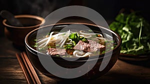 Macro Photo Pho Bo Beef Pho On Stone Rustic Pub. Generative AI
