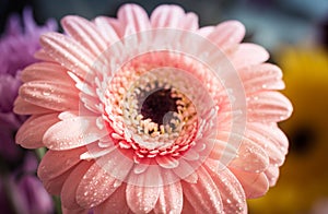 Macro photo on pink Gerbera flower petals covered by water drops