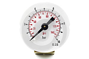 A macro photo of a pressure gauge scale to 10 BAR showing a pressure of 0 PSI BAR, isolated on a white background.