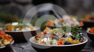 Macro Photo Salads On Stone Rustic Pub. Generative AI photo