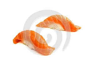 Macro photo of salmon nigiri sushi isolated