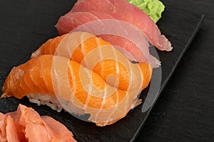 Macro photo of salmon nigiri sushi and maguro tuna