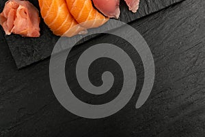 Macro photo of salmon nigiri sushi and maguro tuna