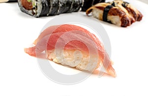 Macro photo of salmon nigiri sushi and maguro tuna