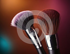 Macro photo of a set of professional makeup brushes