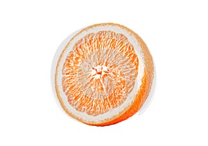 Macro photo of slice of orange fruit isolated on white background