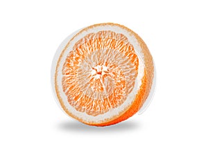 Macro photo of slice of orange fruit isolated on white background with shadow