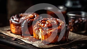 Macro Photo Sticky Buns On Stone Rustic Pub. Generative AI