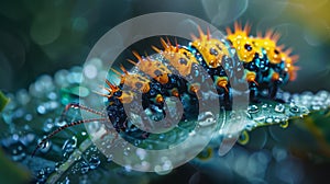 Macro photo of vibrant caterpillar on dewy leaf edge with detailed textures and natural lighting