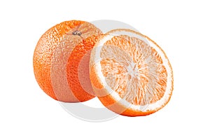 Macro photo of whole fruit orange and slice isolated on white background