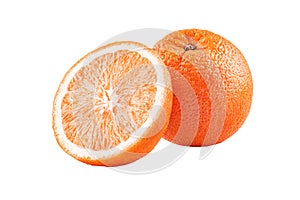 Macro photo of whole fruit orange and slice isolated on white background