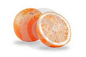 Macro photo of whole fruit orange and slice isolated on white background with shadows