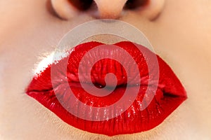 Macro photo of woman lips. Kissing with red lipstick on lips