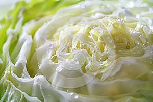 Macro photograph captures the intricate layers and ruffles of a cabbage