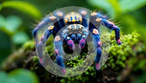 Macro Photograph of a Colorful Tarantula on Green Mossy Background photo