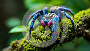 Macro Photograph of a Colorful Tarantula on Green Mossy Background photo