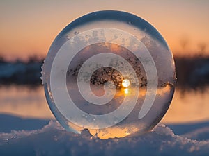 Macro photograph of frozen soap bubbles ice crystals in sunset. Selective focus