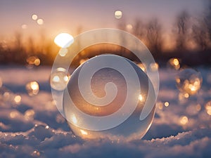 Macro photograph of frozen soap bubbles ice crystals in sunset. Selective focus