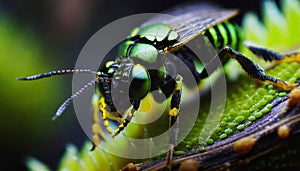 A macro photograph of a green bug