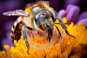Macro photograph of a honey bee on a flower Honey bee collecting nectar